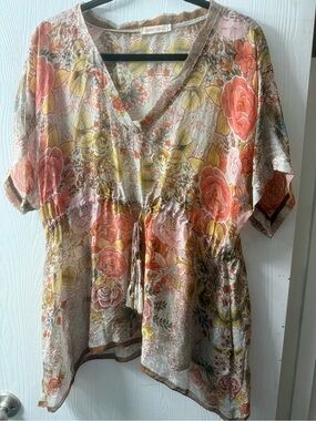 Johnny Was: Sheer Floral Tunic in Orange, Taupe, Yellow, Coral, and Blue, size L